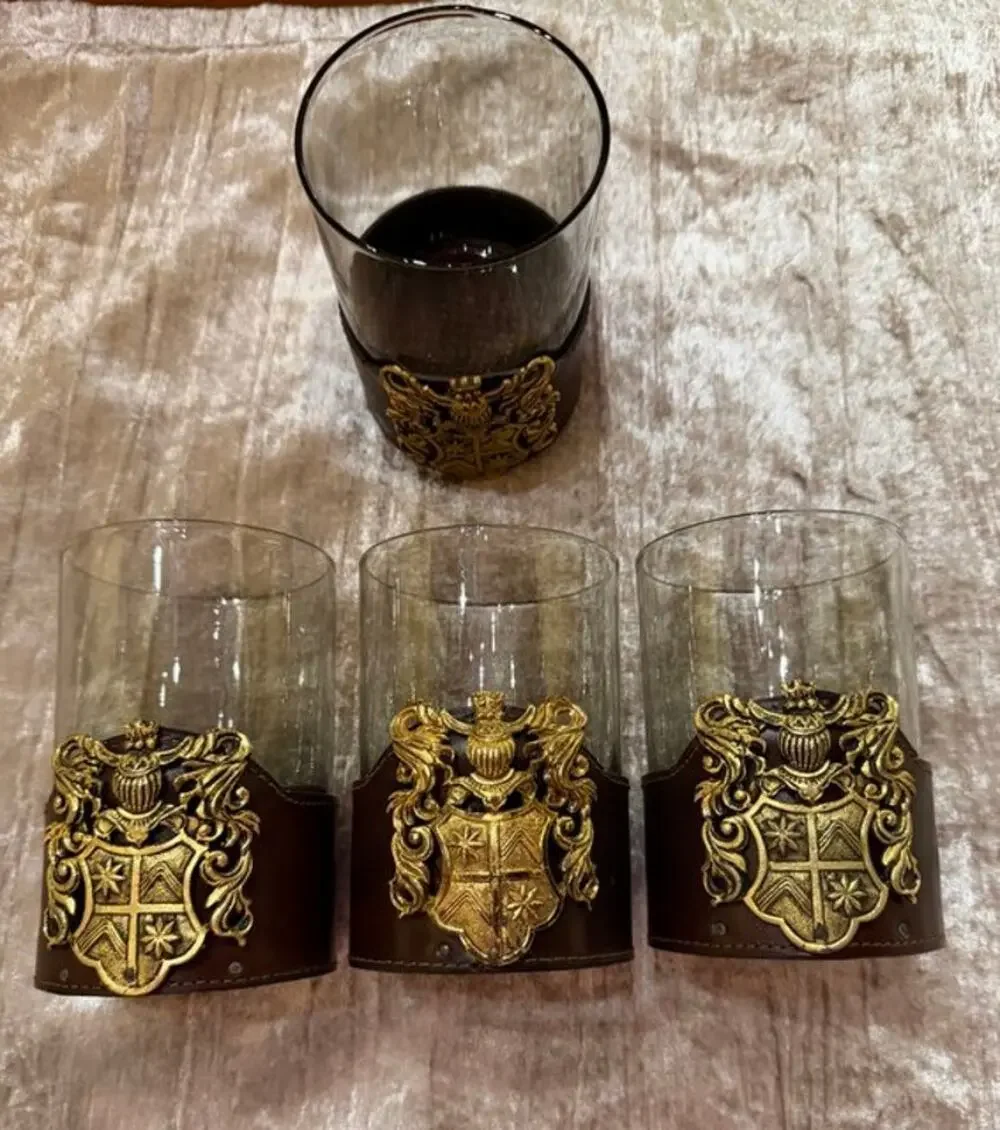 Vintage Leather Bound Rocks Glasses Set of 4 Medieval Shield Man Cave Bar